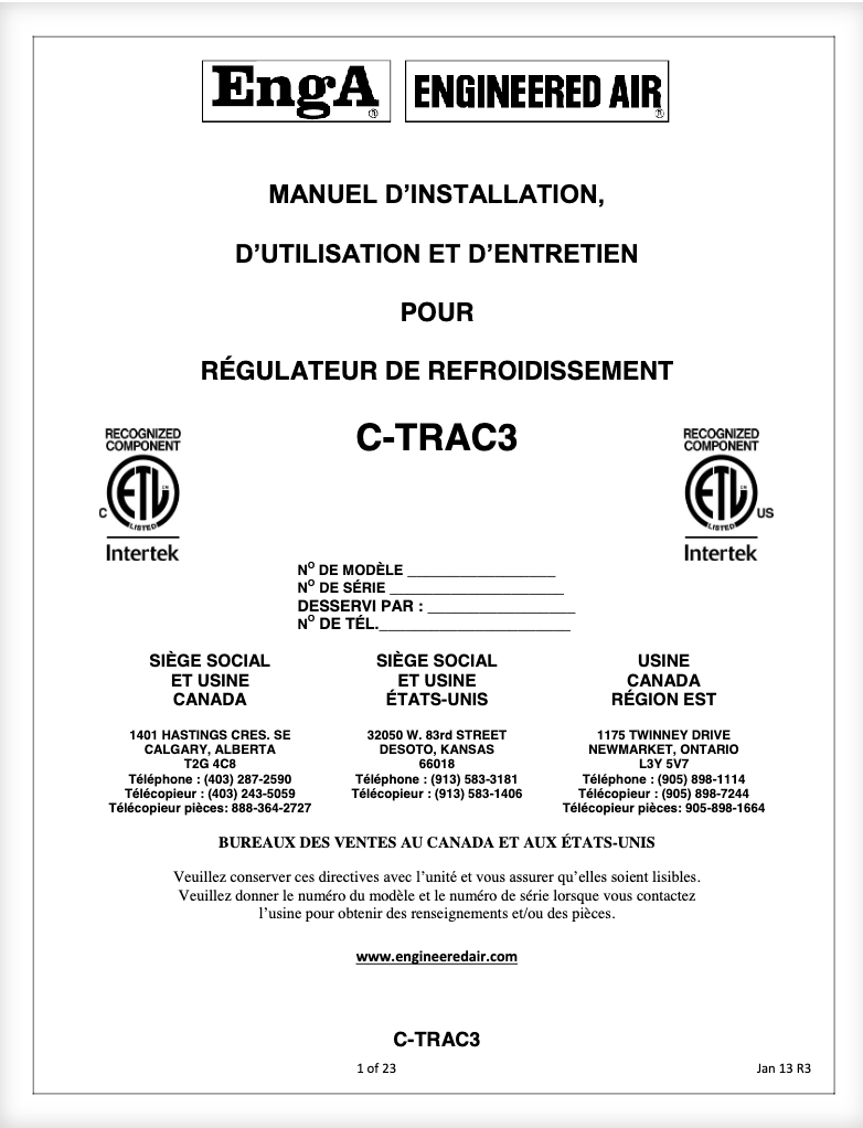 CTRAC3 D’Installation, D’Utilisation et D’Entretien