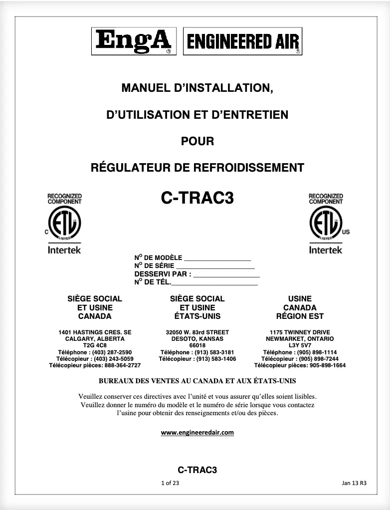 CTRAC3 D’Installation, D’Utilisation et D’Entretien